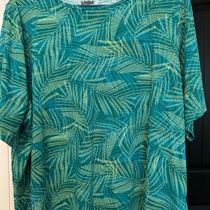 Lands' End Teal Palm Print Short Sleeve Swim Shirt